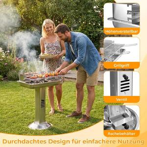 Barbecue a carbonella in acciaio inox resistente alle intemperie - Barbecue a colonna - Griglia cromata regolabile in altezza - Contenitore per la cenere - Ventilazione - Accensione piezoelettrica - Sicurezza in caso di mancanza di ossigeno - Nero