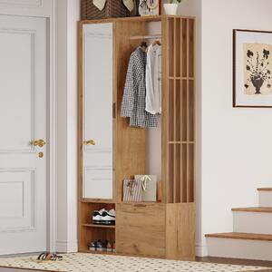 Armadi Sweiko 100x33x190cm con corridoio, armadio da ingresso 6 in 1, per appendere cappotti, armadio da corridoio con appendiabiti, armadio e specchio, larghezza 100 cm, armadio con anta inferiore, colore legno