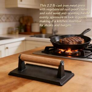 Pressa per carne in ghisa - Pressa per grigliate e schiaccia-hamburger - Dimensioni 21 x 10,5 cm - Peso 1 kg - Manico in legno - Per pancetta, bistecche e hamburger - Per padella e piastra