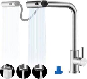 DAYONE Waterval con beccuccio a cascata, miscelatore da cucina orientabile a 360° con 3 livelli di getto, miscelatore ad alta pressione per lavello con doccetta, miscelatore da cucina in acciaio inossidabile, finitura spazzolata