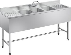 Lavello in acciaio inox - Lavello da ristorazione - Con 3 vasche - Con 2 sgocciolatoi - Con paraspruzzi - Con rubinetto - Dimensioni 152,4 x 47 x 83,8 cm