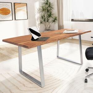 WOHNLING Scrivania 140x80x76 cm Legno massello di acacia / metallo Scrivania per computer Bordo del tronco Scrivania da ufficio per home office Massiccia con gambe trapezoidali cromate Tavolo in legno