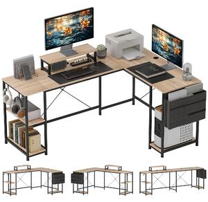 HOMCOM Scrivania ad angolo modulabile reversibile 168-240 cm stile industriale - ripiano regolabile, tasca portaoggetti, supporto per schermo