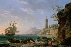 Riproduzione A Coastal Mediterranean Landscape with a Dutch Merchantman in a Bay, Claude Joseph Vernet