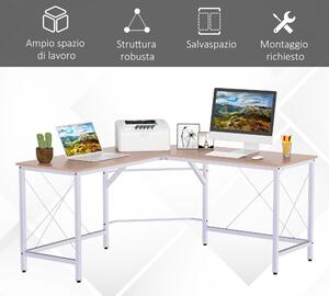 Homcom Scrivania Angolare Spaziosa in Legno e Metallo, Tavolo Porta PC Rovere e Bianco
