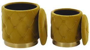 Set di pouf portaoggetti in velluto di poliestere senape con bottoni imbottiti con base dorata design retrò Beliani