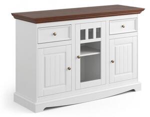 Credenza cristalliera shabby chic pino massello bianco e tinto noce