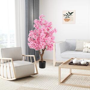 Costway Albero in fiore finto con fiori rosa tronco PE multiramo e base riempita di cemento, Albero di ciliegio artificiale da 118 cm Rosa