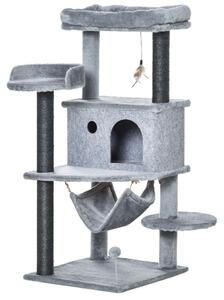 PawHut Albero Tiragraffi per Gatti con Palo, Casetta, Letto, Amaca e 2 Giochi in Legno e Peluche, 48x48x107 cm, Grigio | Aosom Italy