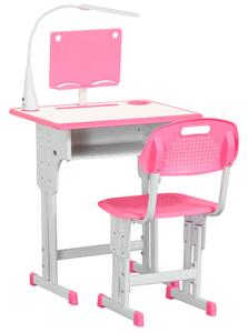 HOMCOM Banco Scuola con Sedia per Bambini 6-12 Anni Altezza Regolabile, Lampada LED, Leggio e Portapenne, Acciaio e MDF, Rosa|Aosom