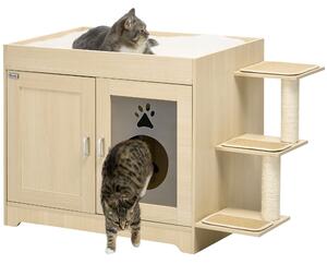 PawHut Mobile per Lettiera Casetta per Gatti con Spazio Portaoggetti e Pali Tiragraffi, in Legno, 107x54x70 cm