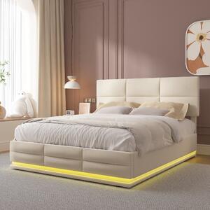 Letto Matrimoniale in Tessuto Vellutato con contenitore, Luci LED e Caricatore USB, 160x200 cm, Beige