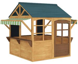 AIYAPLAY Casetta per Bambini 3-8 Anni con 5 Finestre e 2 Lavagne, in Legno di Abete, 173x117x144 cm, Marrone e Blu