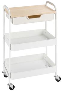 HOMCOM Carrello Cucina Multiuso con Ruote Girevoli, 2 Cesti, Cassetto e Piano in Legno, Bianco | Aosom Italy
