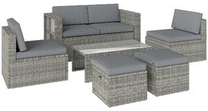 Outsunny Set da Esterno 6pz con Divano, 2 Sedie, Tavolino con Piano in Vetro e 2 Pouf, Grigio Scuro | Aosom Italy