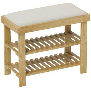 HOMCOM Panca Scarpiera da Ingresso in Bambù, con Seduta Imbottita a 2 Livelli, per 6 Paia di Scarpe, Ingresso Corridoio, 60x29x49cm, Bianco e Naturale | Aosom Italy