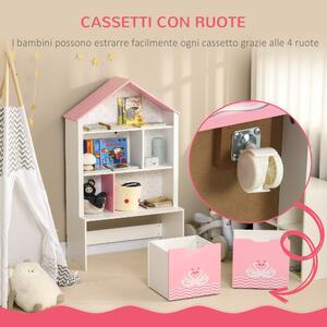 ZONEKIZ Scaffale Portagiochi per Bambini con Ripiani Aperti e Cassetti con Rotelle, Rosa