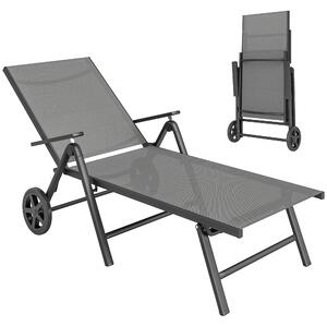 Outsunny Lettino Sdraio Pieghevole e Reclinabile in 5 Posizioni con Rotelle, in Metallo e Textilene, 72x158x84 cm, Grigio