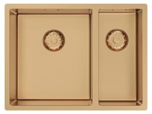 Lavello Pure.Sink Comfort 1,5 (un lavello e mezzo) con rivestimento PVD in rame rosa, dimensioni 34+18 cm, con vasca grande a sinistra, modello PCM341840-62