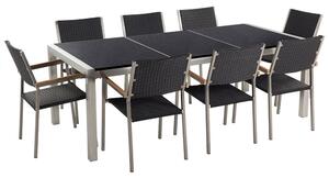Set da pranzo da giardino Nero con piano in granito Nero sedie in rattan 8 posti 220 x 100 cm piastra tripla Beliani