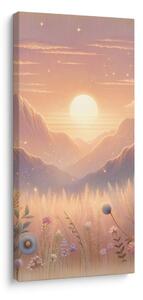 Quadro su tela – Montagne, fiori e sole al tramonto