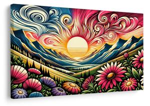 Quadro su tela – Paesaggio luminoso con fiori e sole