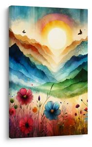 Quadro su tela – Paesaggio fiabesco con fiori e sole