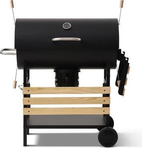 COOKINGBOX Mike Evolution, barbecue a carbone, dimensioni della griglia: 71 x 35 cm, adatto per fino a 12 persone, colore nero, con termometro, protezione antivento, ripiano e cassetto per la cenere