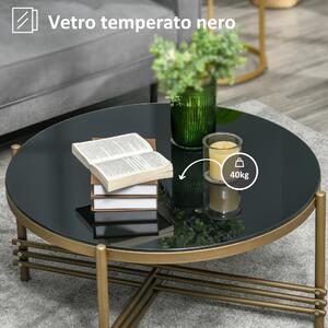 HOMCOM Tavolino da Caffè con Piano in Vetro Temperato e Base in Metallo, Ø85x41cm, Nero e Oro