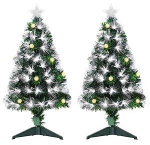 HOMCOM Set 2 Alberi di Natale Artificiali con Luci a LED, Fibre Ottiche e Base Pieghevole Rimovibile, Φ48x90 cm, Verde e Bianco