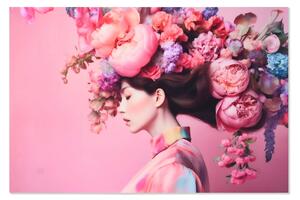 Quadro vetro donna fiore rosa 150x100 cm