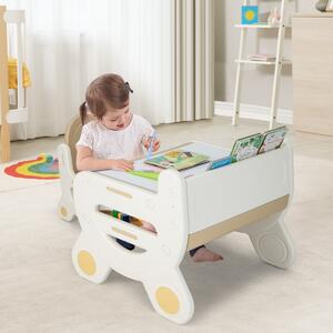 Costway Tavolo da disegno e sedia per bambini con acquarelli e gomma per lavagna, Tavolo con ripiano da leggere Marrone