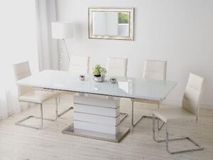 Tavolo da pranzo in legno bianco lucido con piano in vetro 90 x 180/220 cm alto piedistallo allungabile moderno Beliani