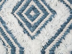 Poggiapiedi Bianco con Lana Blu e Cotone con Gambe in Legno Motivo Orientale Rustico Beliani