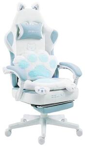 Sedia da gaming ergonomica, con poggiapiedi, rivestita in tessuto, regolabile, design a forma di zampe di gatto, colore blu e bianco