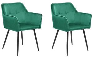 Set di 2 sedie da pranzo con sedile imbottito in velluto verde con braccioli e gambe in metallo Nero Beliani