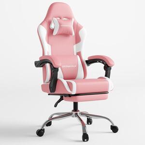 Sedia da gaming con poggiapiedi e supporto lombare massaggiante. Sedia ergonomica da gaming, confortevole, con poggiatesta, color rosa e bianco