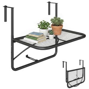 Outsunny Tavolino da Balcone Ringhiera Appeso Braccio con Ripiano Regolabile, Ferro, Nero 60 x 56.5 x 45 cm|Aosom