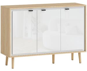 HOMCOM Credenza Moderna a 3 Ante con Ripiano Regolabile, 107x35x77 cm, Bianco Lucido e Rovere | Aosom Italy