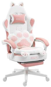 Sedia da gaming ergonomica, con poggiapiedi, rivestita in tessuto, regolabile, design a forma di zampe di gatto, colore rosa e bianco