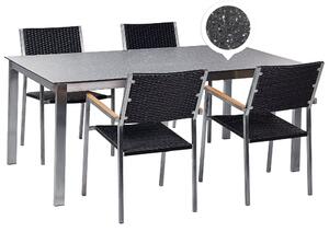 Set da giardino con 4 posti in acciaio inox con tavolo piano con effetto granito e sedie in rattan nero set esterno moderno Beliani