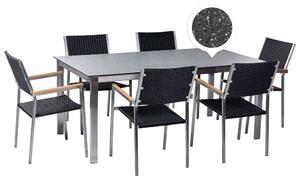 Set da giardino con 6 posti in acciaio inox con tavolo piano con effetto granito e sedie in rattan nero set esterno moderno Beliani