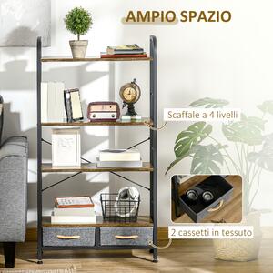 HOMCOM Mobile Libreria con 4 Scaffali e 2 Cassetti in Truciolato, Acciaio e Tessuto Effetto Lino, 64x27.5x121 cm