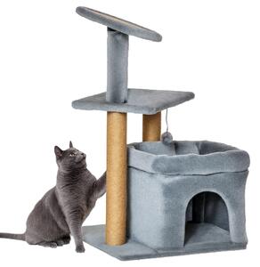 PawHut Albero Tiragraffi per Gatti con Pali in Corda Juta, Casetta e Cuscino per Gatti, Rivestimento in Peluche, Altezza 84cm, Grigio|Aosom