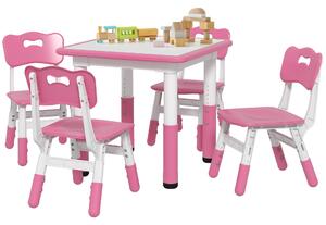 AIYAPLAY Set Tavolo e Sedie per Bambini 5pz con 4 Sedie Regolabili 32x36x52.5-56 cm e Tavolo 60x60x46-58 cm, Rosa
