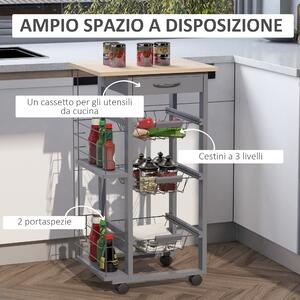 HOMCOM Carrello da Cucina con Cassetti Estraibili e 2 Portabottiglie, in Legno di Pino e Metallo, 47x37x83 cm