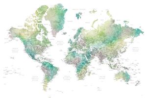 Mappa Watercolor world map with cities in muted green Oriole, Blursbyai