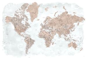 Mappa Neutrals and muted blue watercolor world map with cities Calista, Blursbyai, (40 x 26.7 cm)