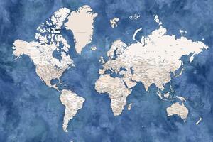 Mappa Blue and beige watercolor detailed world map, Blursbyai
