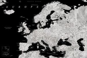 Mappa Black and grey detailed map of Europe in watercolor, Blursbyai